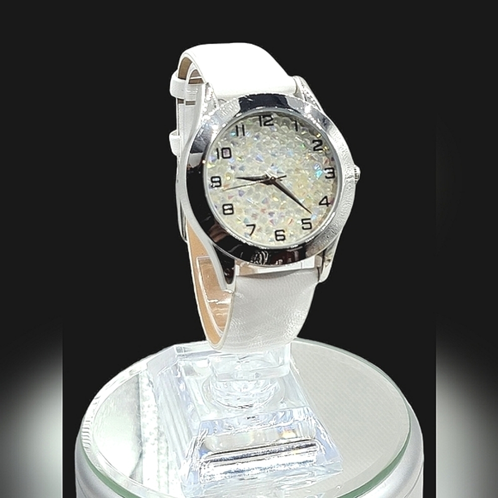 Sparkly Rainbow Aura Crystal Face Fun Watch Geode White Band Bling